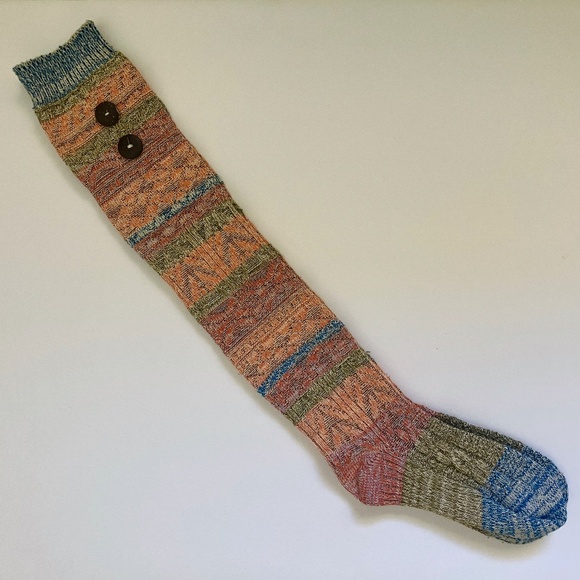 NWOT over the knee high striped cable knit socks green orange blue shell buttons - Picture 2 of 5